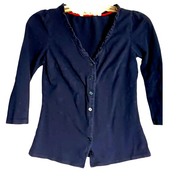 Boden Freya Navy Blue Ruffle trim jersey knit blouse top size US 2R - Picture 2 of 4